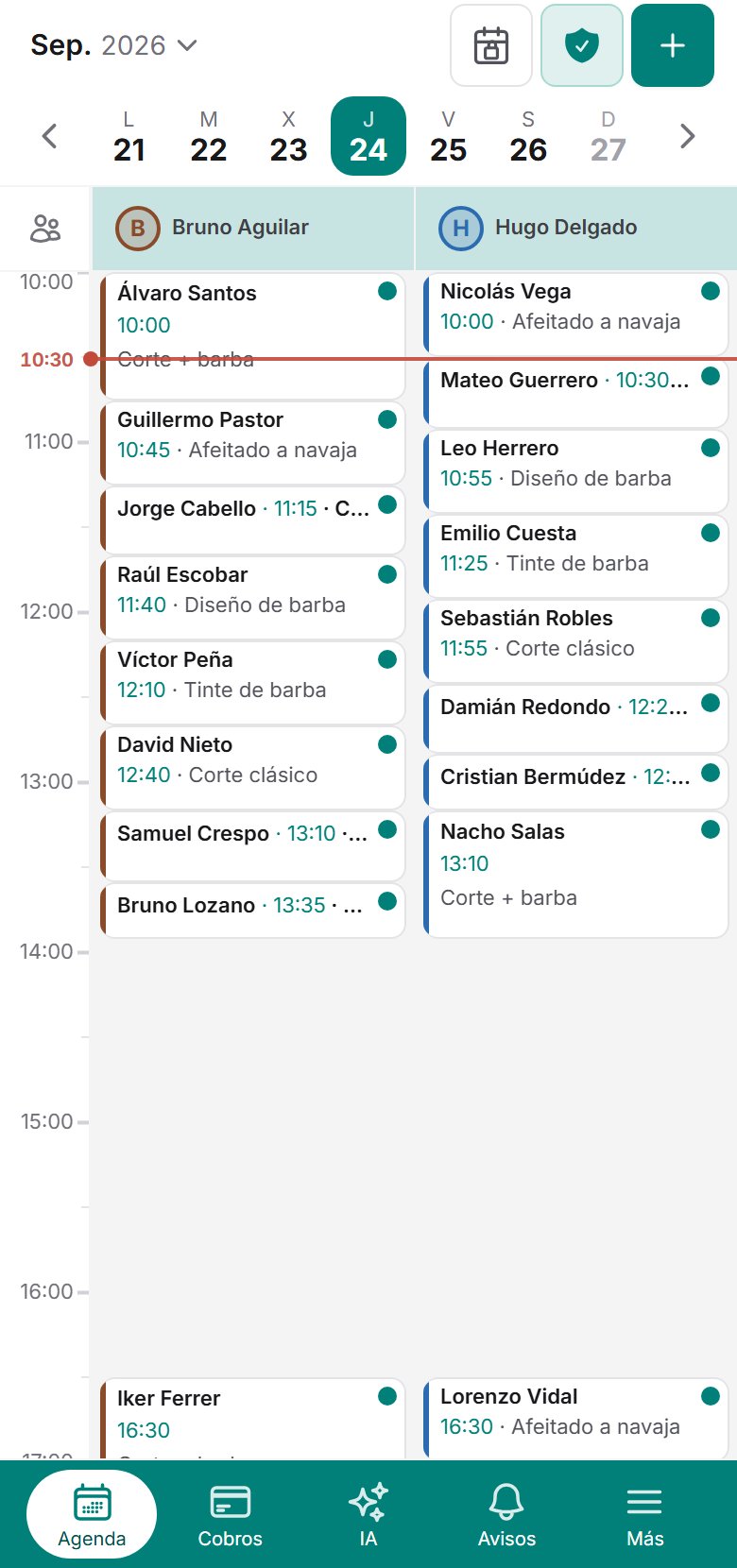 Agenda del día de un negocio vista en el móvil, con la barra inferior de secciones