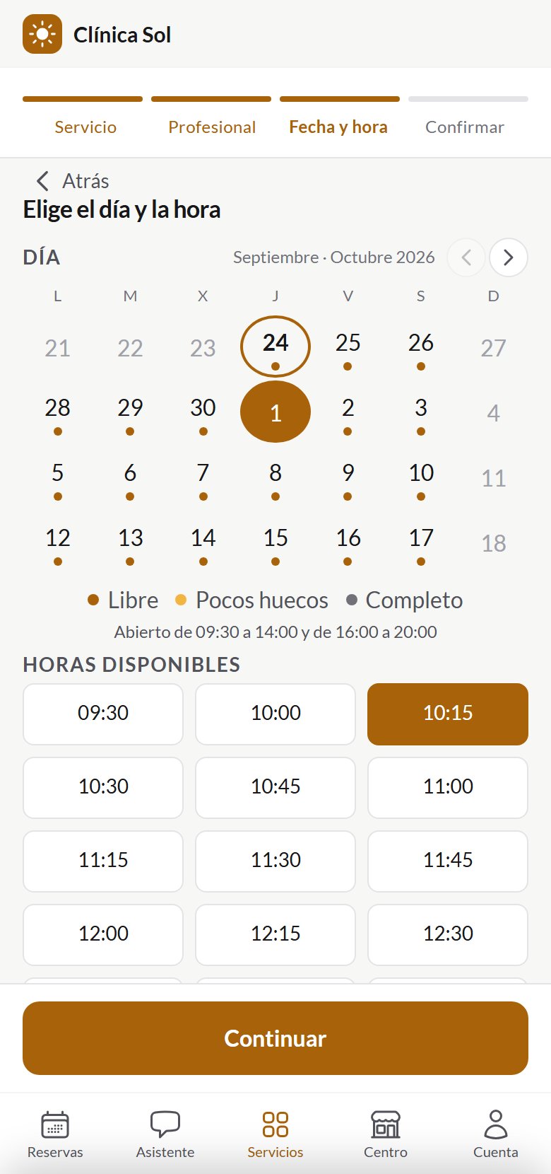 Reserva pública con la marca de Clínica Sol