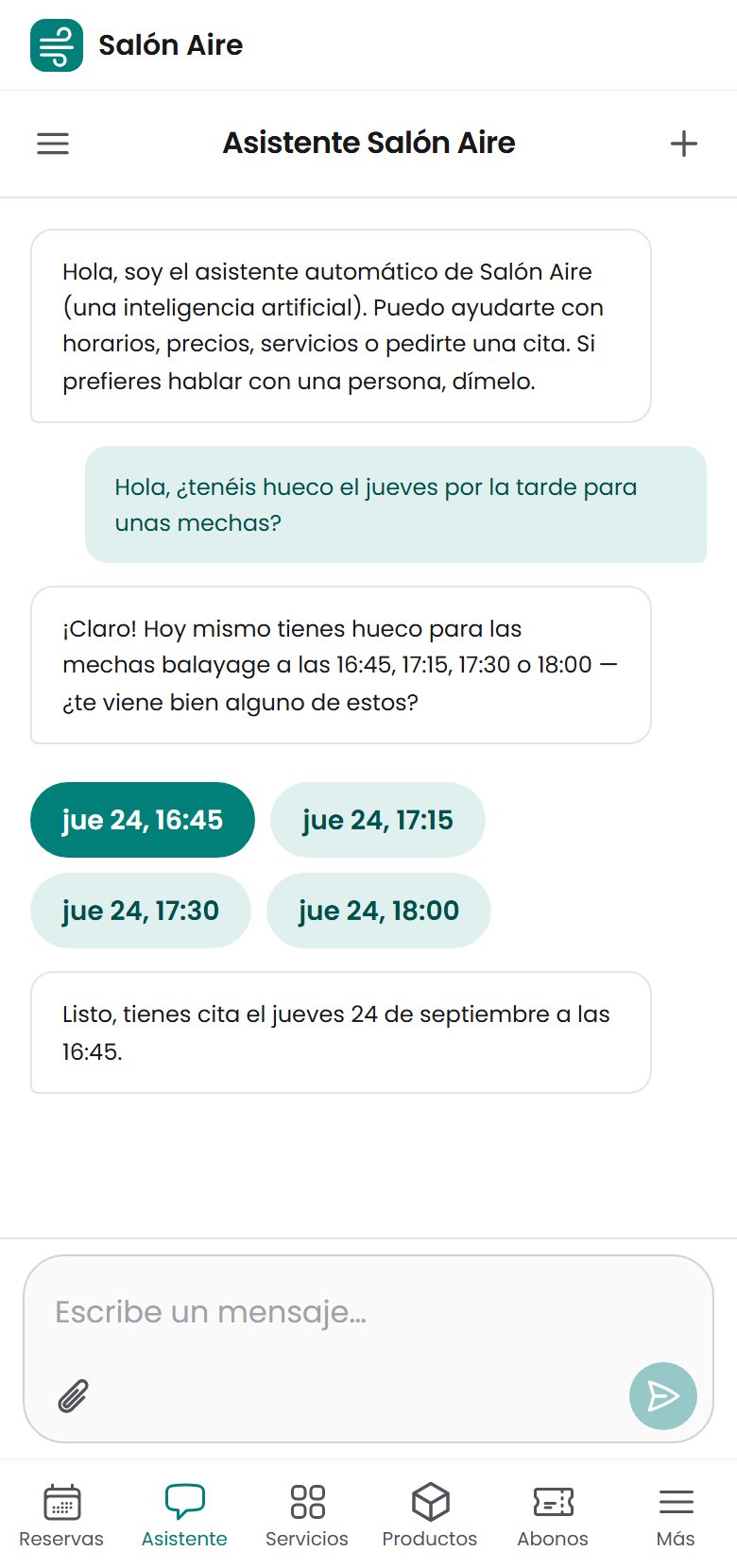 Otra clienta pide hueco a la IA para unas mechas y reserva las 16:45 con un toque