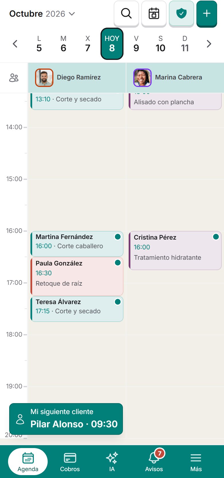 La agenda del jueves en el móvil del negocio, con las dos reservas de la tarde